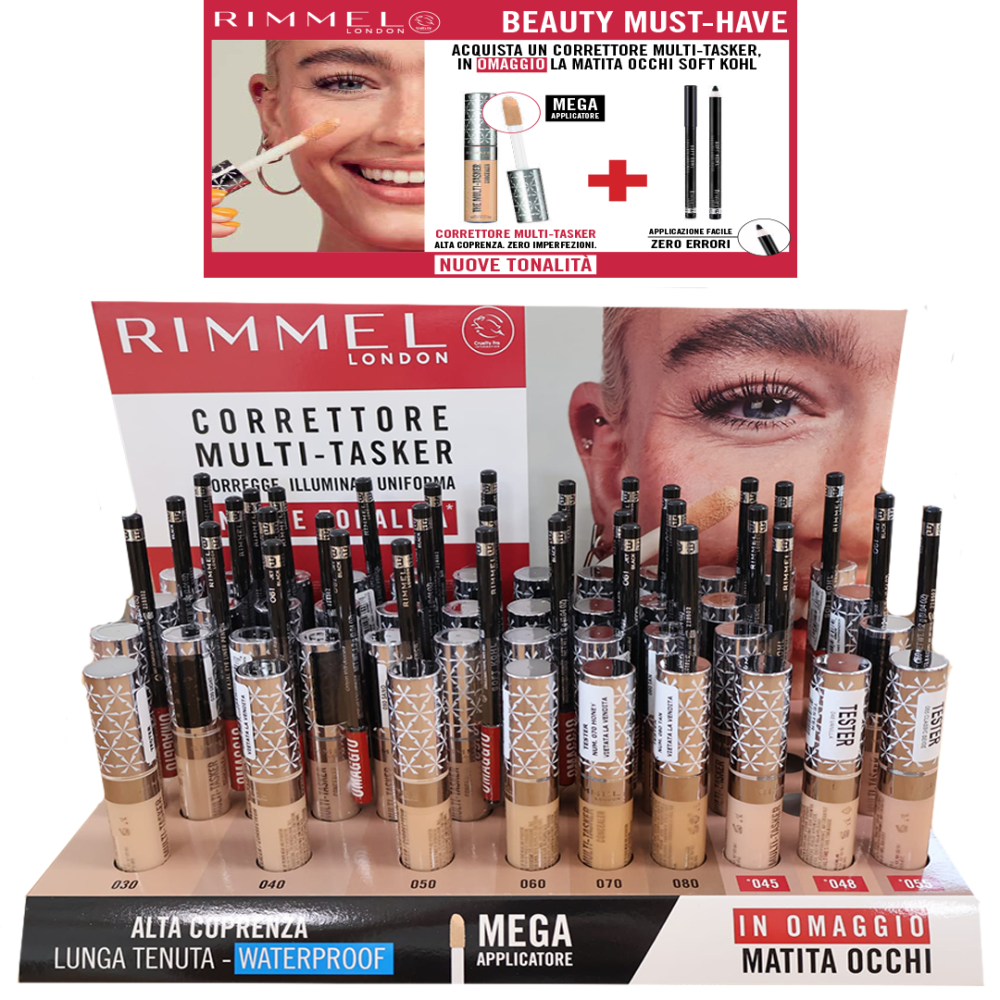 RIMMEL - EXPO CORRETTORE MULTITASKER PZ 34+34 MATITE OCCHI IN OMAGGIO
