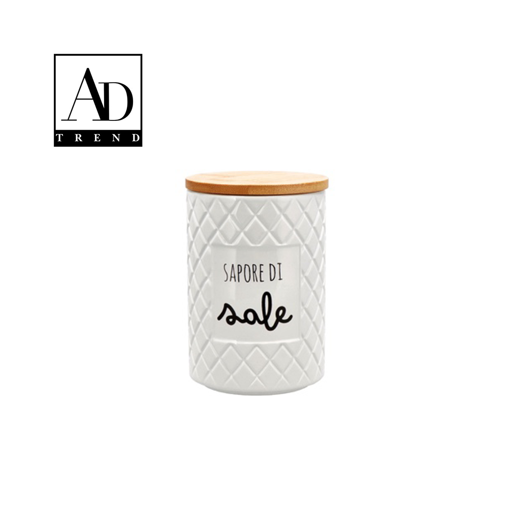 AD TREND - BARATTOLO CERAMICA+COPERCHIO LEGNO ASSORTITO 3 DECORI DIAM CM.10 x H 15