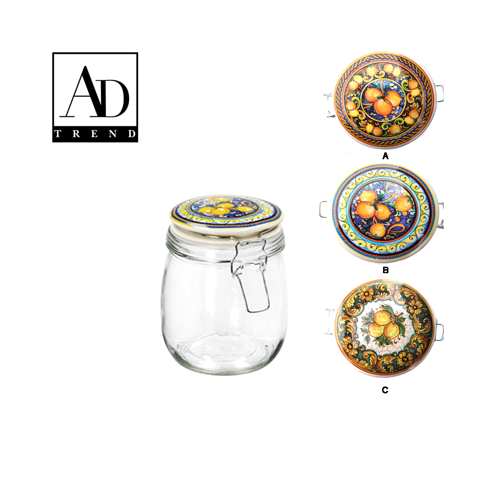 AD TREND - BARATTOLO VETRO+COPERCHIO CERAMICA CHIUSURA ERMETICA 3 DECORI CM 11x16
