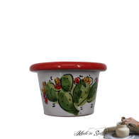 VASETTO PORTA PIANTE CON BORDO  ROSSO E DECORO FICHI D'INDIA DIAM 7 CM E H 5 CM - LAVORATO E DIPINTO A MANO "MADE IN SICILY"