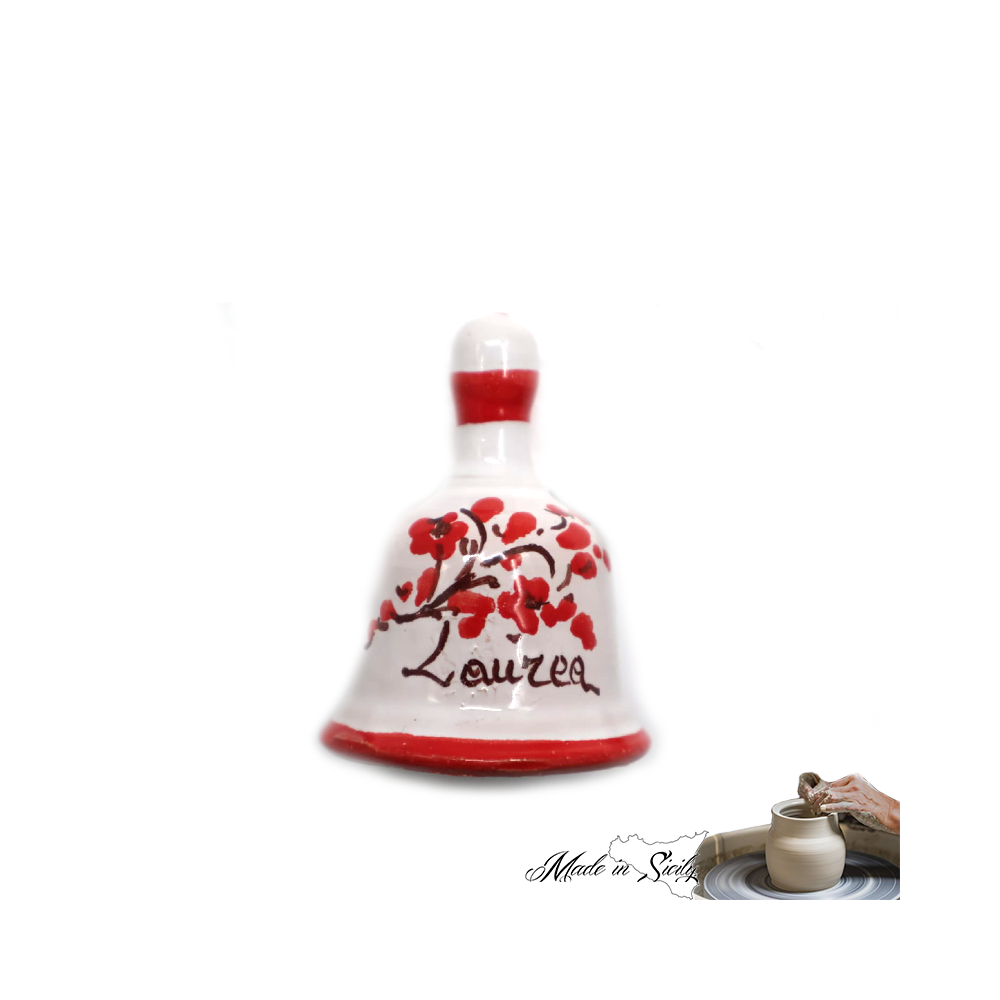 CAMPANA DECORO FLOREALE ROSSO E SCRITTA "LAUREA" H 6 CM - LAVORATO E DIPINTO A MANO "MADE IN SICILY"