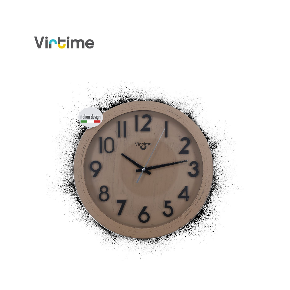 VIRTIME - OROLOGIO PARETE ABS DIAM. 25,4 CM MOVIMENTO SWP SILENZIOSO QUAD. BIANCO NUMERI A RILIEVO EFFETTO LEGNO