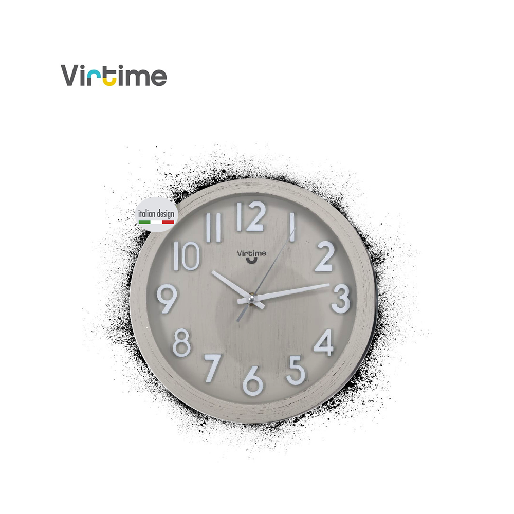 VIRTIME - OROLOGIO PARETE ABS DIAM. 25,4 CM MOVIMENTO SWP SILENZIOSO QUAD. BIANCO NUMERI A RILIEVO EFFETTO LEGNO