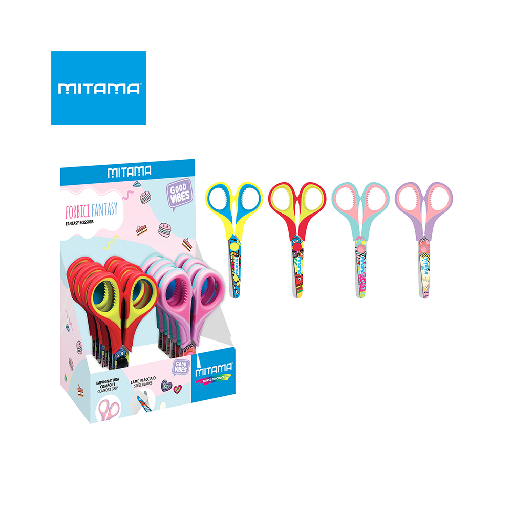 MITAMA - DISPLAY FORBICI JUNIOR 13 CM PRESA IN GOMMA FANTASIA ASSORTITA DA 12 PZ MITAMA - DISPLAY FORBICI JUNIOR 13 CM PRESA IN GOMMA FANTASIA ASSORTITA DA 12 PZ
